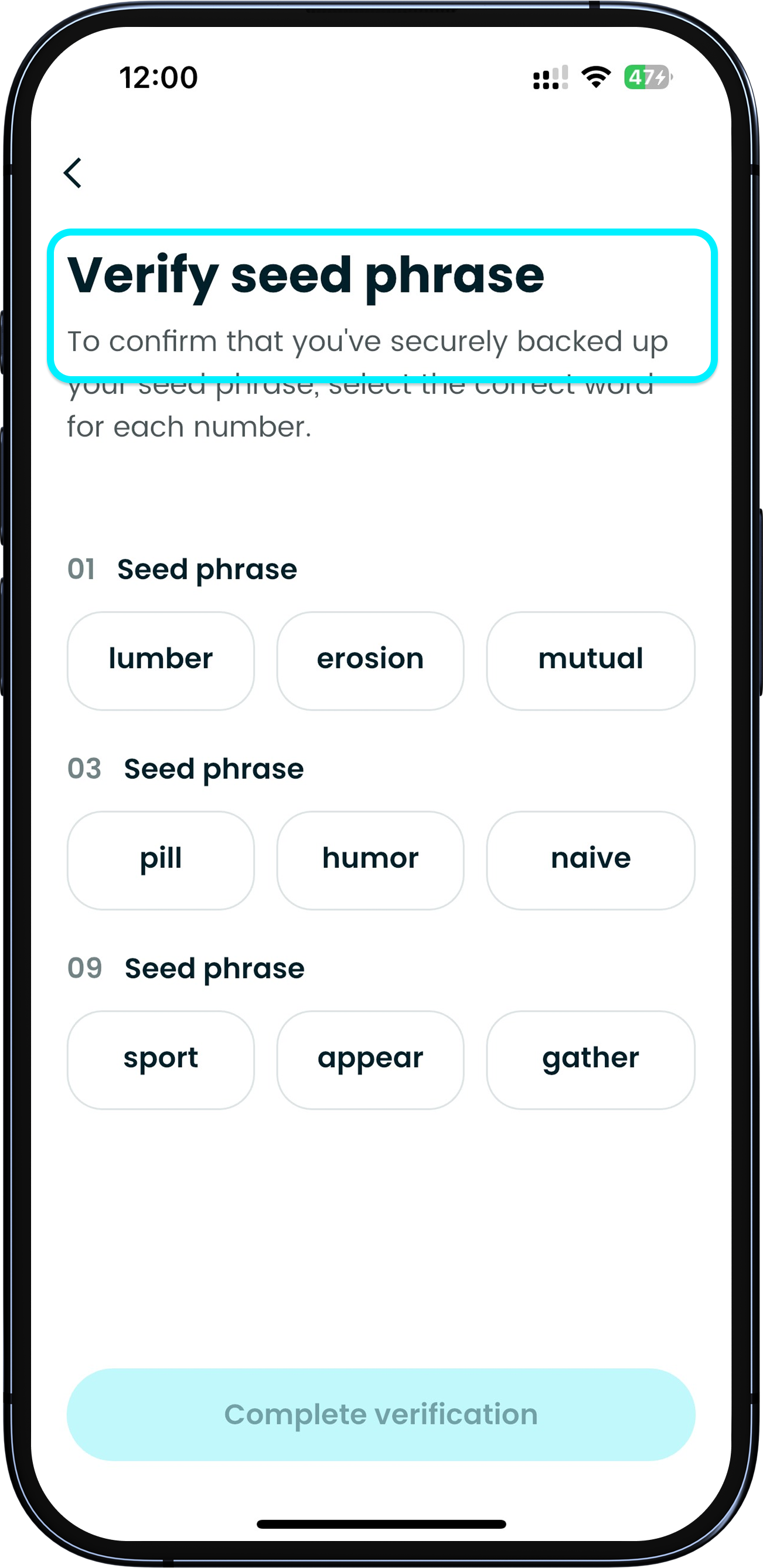 Conferma l'ordine corretto della tua seed phrase